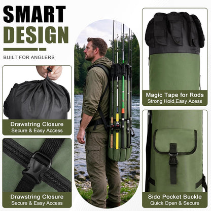 Multifunction Fishing Pole Bag - Waterproof Rod Reel Bag Carrier Case, Durable Canvas Tackle Large Storage Gift for Men Travel, Khaki