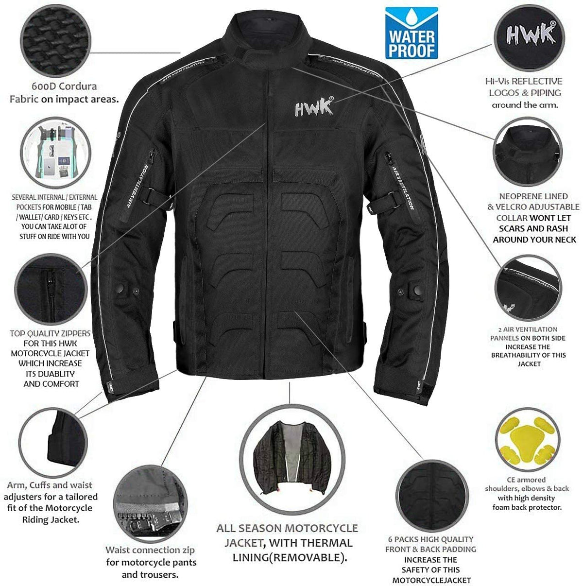 HWK Spyder Motorcycle Jacket for Men with Weather Resistant Cordura Textile Fabric for Enduro Motocross Jacket