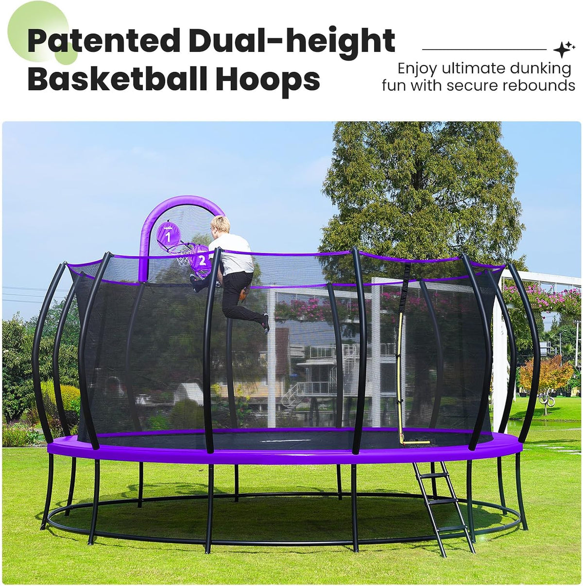 1800LBS Capacity No-Gap Design 16 15 14 12FT Trampoline with Safety Enclosure Net and Non-Slip Ladder 10-Year Quality Assurance Perfect for Kids Family Outdoor Backyard Fun