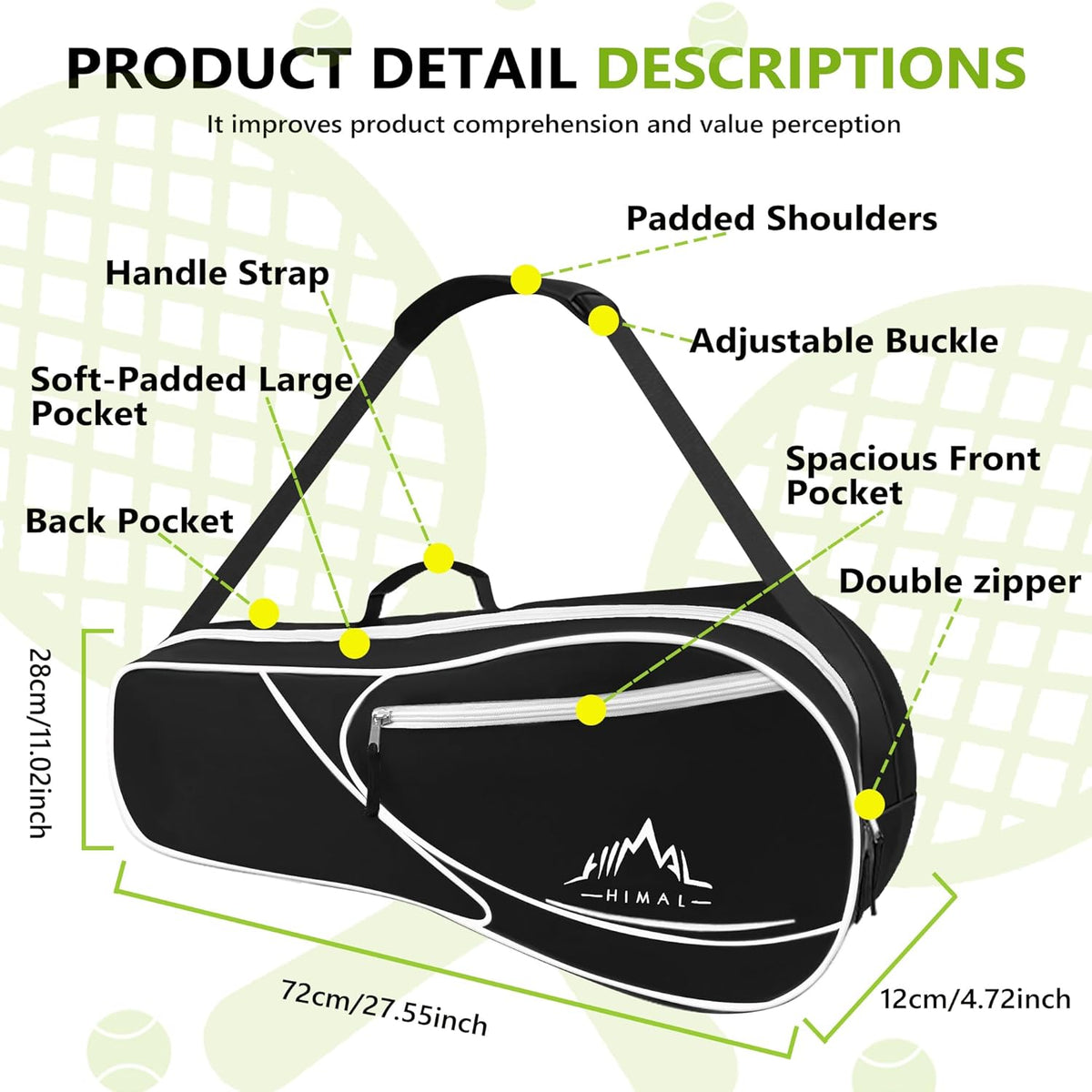 3 Racquet Tennis Bag Tennis Racket Bag for Men Women
