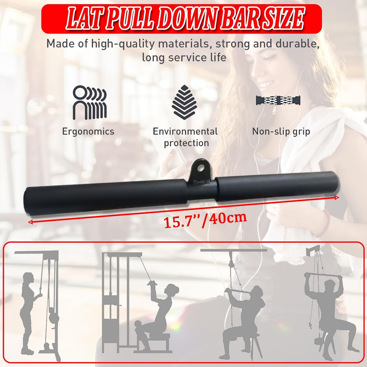 LAT Pull down Bar Cable Machine Attachment Fitness LAT Bar Accessories with Rubber Handle for Home Gym Fitness Muscle Building Strength Workout
