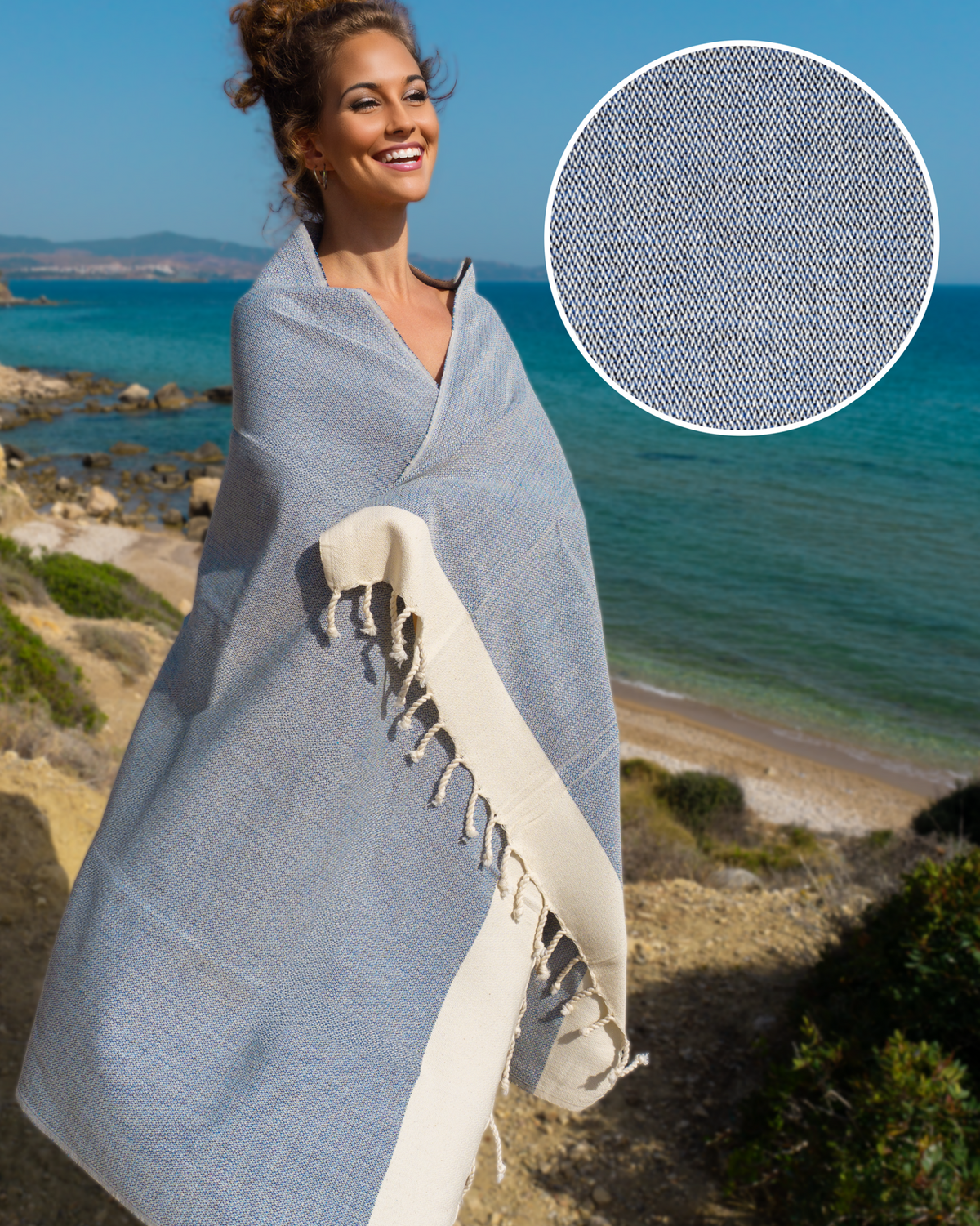 MANOLIA Beach Towel, Turkish Bath Hammam Towel, Spa & Sauna Towel - Dark Blue