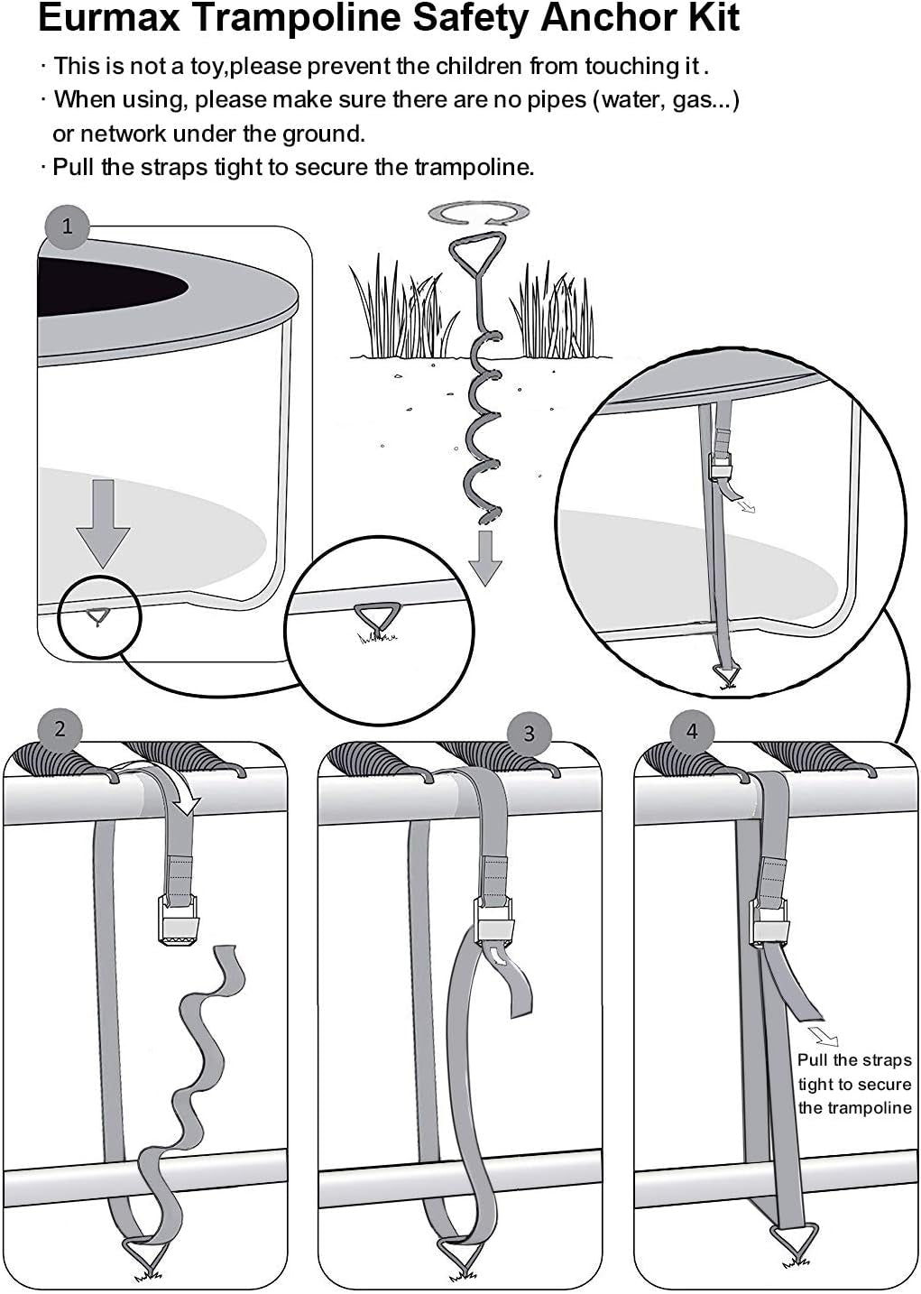 USA 4-Pack Windproof Trampoline Stakes Anchor Kit-Steel Corkscrew Anchor,Heavy Duty Tie down Kit with T-Hook&Reinforced Safety Straps,Secure Weatherproof Protection for Trampoline,Tent&Playset