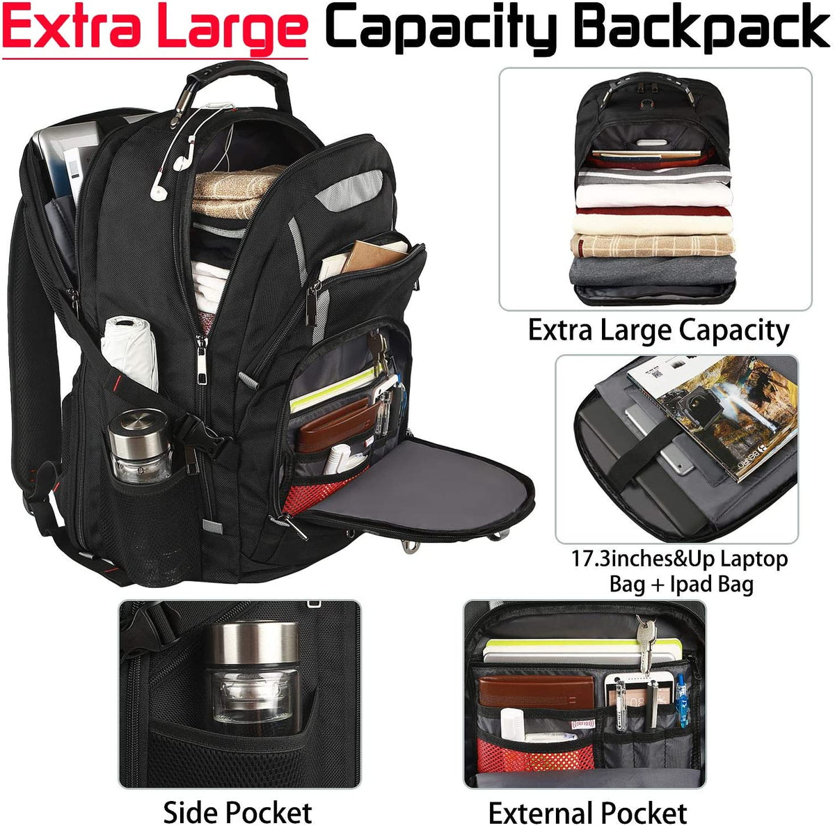 18.4 Laptop Backpack for Men, 55L-60L Extra Large Backpack for Travel Work