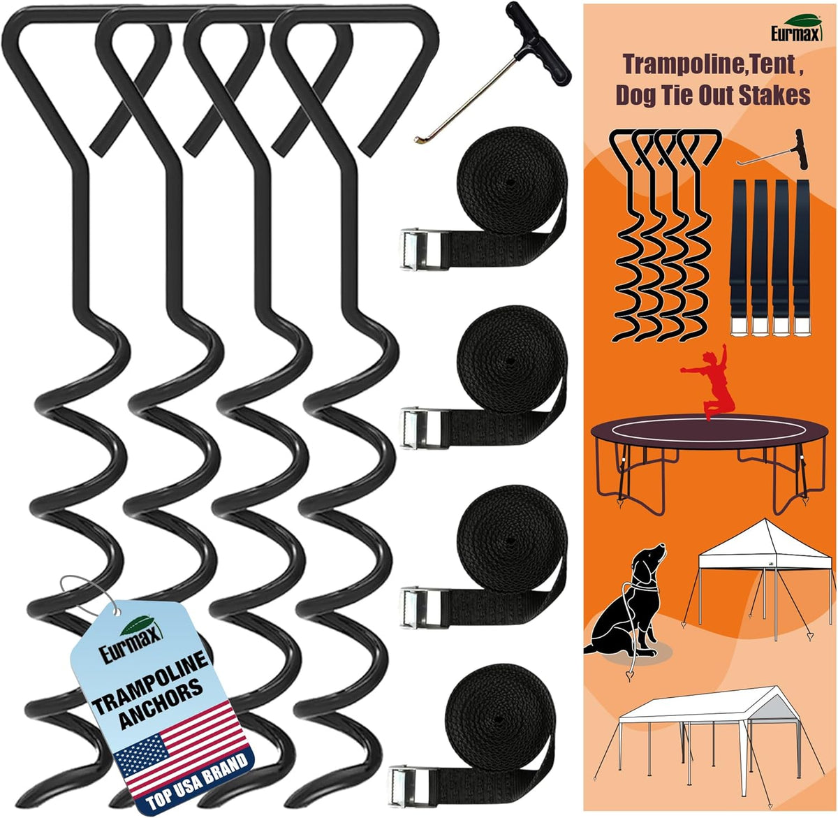 USA 4-Pack Windproof Trampoline Stakes Anchor Kit-Steel Corkscrew Anchor,Heavy Duty Tie down Kit with T-Hook&Reinforced Safety Straps,Secure Weatherproof Protection for Trampoline,Tent&Playset