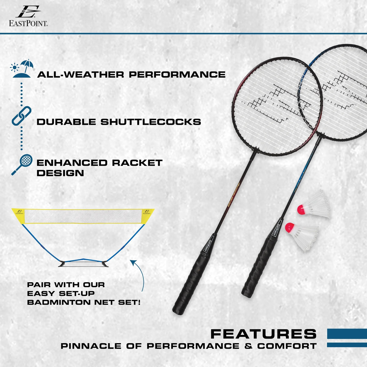 Badminton Racket Set, 2-Player, 2 Steel Shaft Rackets and 2 Shuttlecocks
